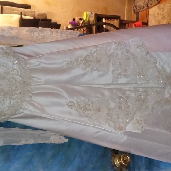 Beautiful white satin beaded sequined net arm sweetheart neckline wedding gown - Picture 7 of 10